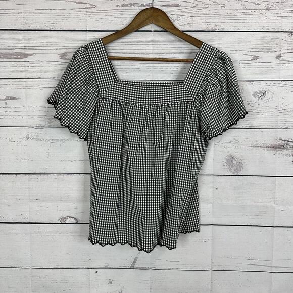 Rails Top Womens Large Black Gingham Scallop Square Neck Shirt Plaid - Picture 5 of 16